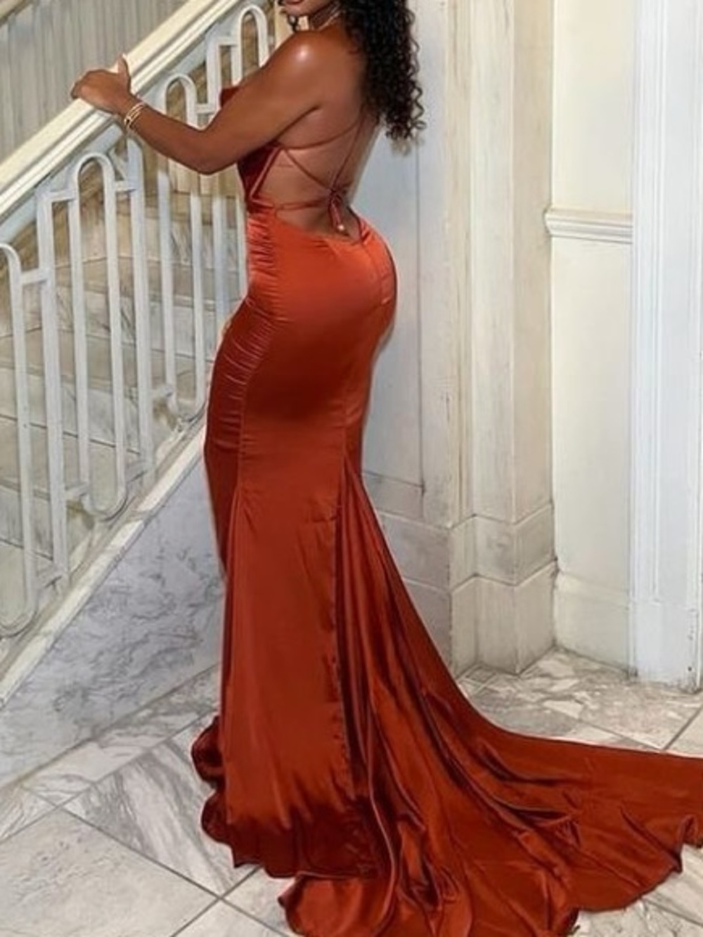Backless Satin Evening Gown in Rust Orange - Women Dresses Backless